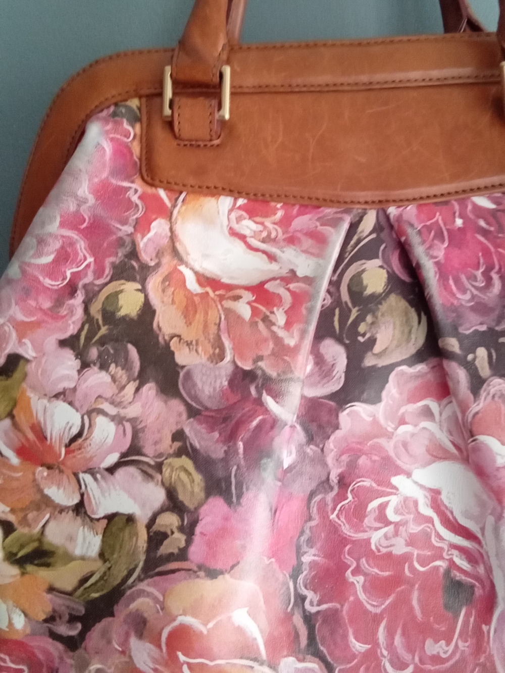Brahmin Floral Satchel Pink Tan Leather Doctor Bag Crossbody Handbag - Picture 4 of 9